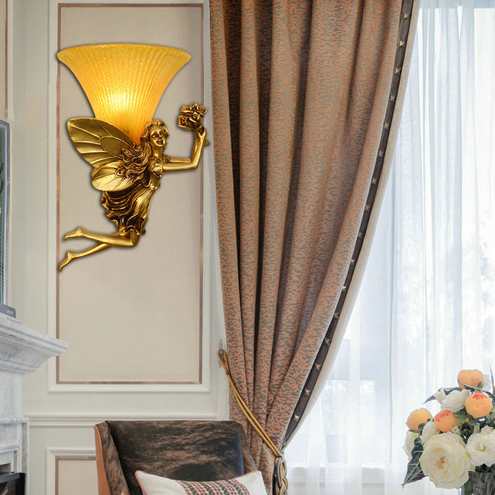 Skørter | Retro Style Fairy Wall Light 1 Main Resin Blue/Gold Wall Lamp with Amber Glass Bell Shade