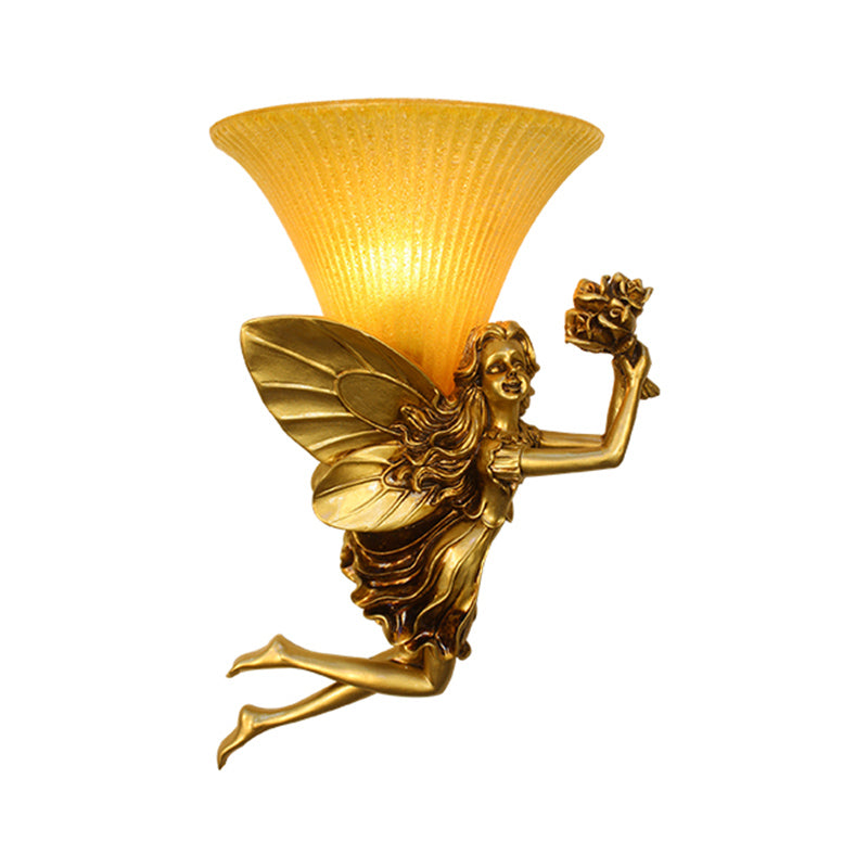 Skørter | Retro Style Fairy Wall Light 1 Main Resin Blue/Gold Wall Lamp with Amber Glass Bell Shade