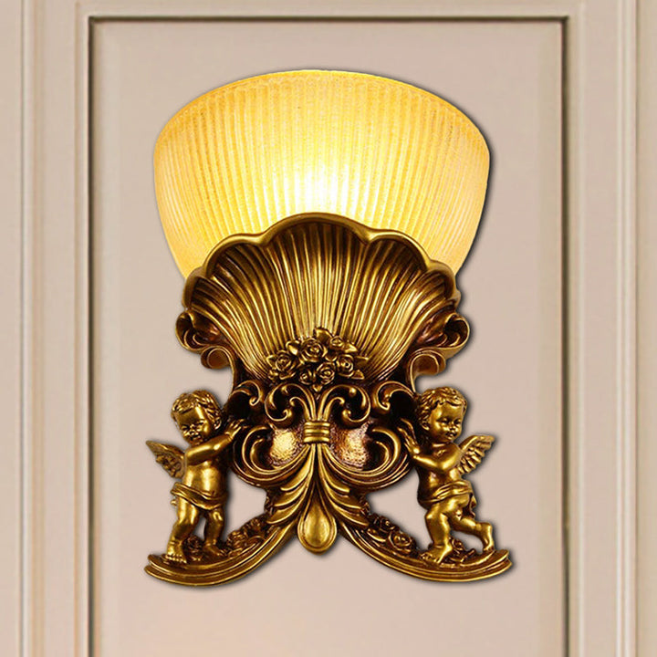 Skørter | Resin Angel Wall Light Modern Style 1 Light Indoor Beige/Gold/White Finish Wall Mounted Light with Yellow Glass Bowl Shade