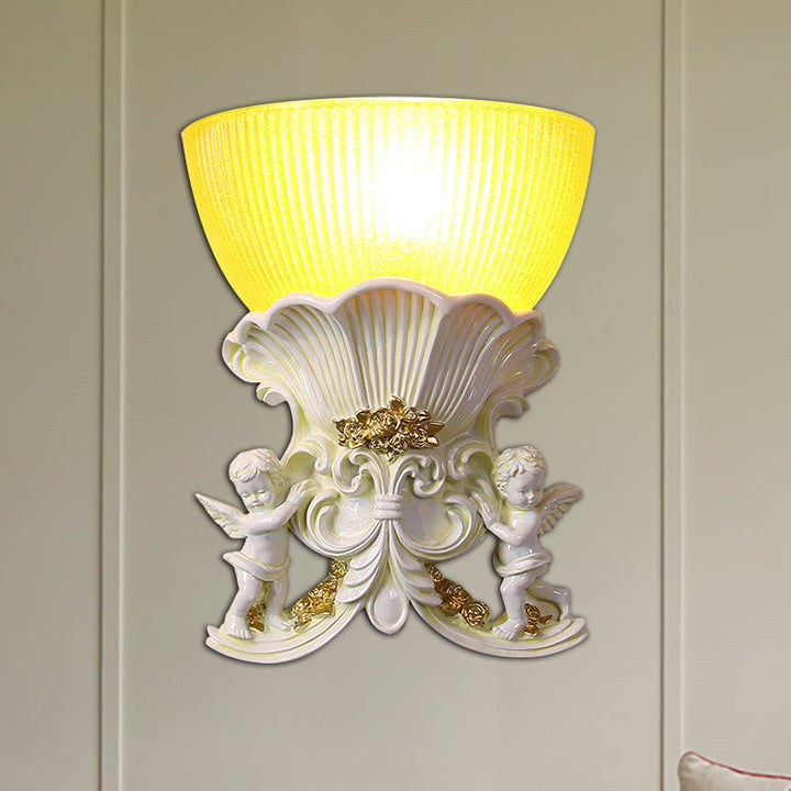 Skørter | Resin Angel Wall Light Modern Style 1 Light Indoor Beige/Gold/White Finish Wall Mounted Light with Yellow Glass Bowl Shade