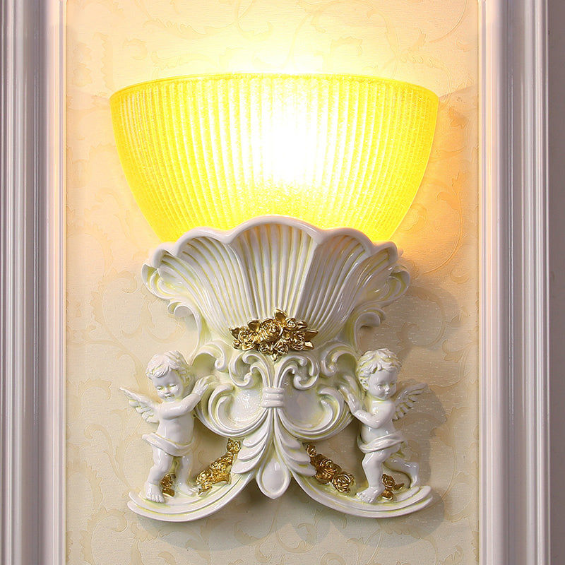 Skørter | Resin Angel Wall Light Modern Style 1 Light Indoor Beige/Gold/White Finish Wall Mounted Light with Yellow Glass Bowl Shade