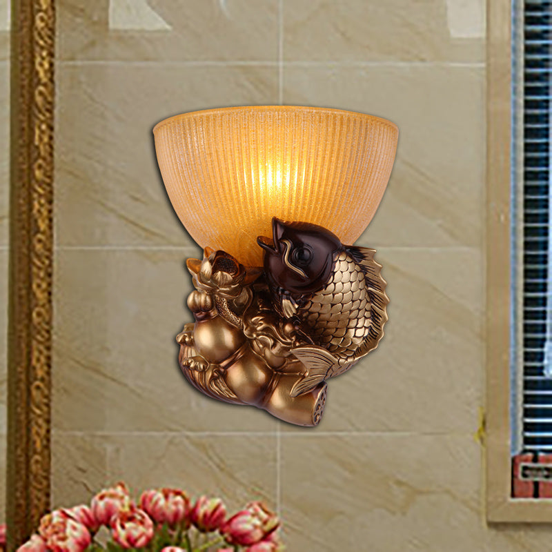 Skørter | Goldfish Wall Mounted Lighting Lodge Style Resin 1 Lamp Bedroom Wall Lamp with Yellow Ribbed Glass Bowl Shade
