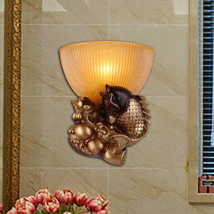 Skørter | Goldfish Wall Mounted Lighting Lodge Style Resin 1 Lamp Bedroom Wall Lamp with Yellow Ribbed Glass Bowl Shade
