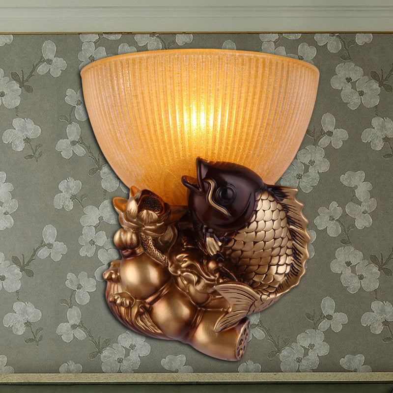 Skørter | Goldfish Wall Mounted Lighting Lodge Style Resin 1 Lamp Bedroom Wall Lamp with Yellow Ribbed Glass Bowl Shade