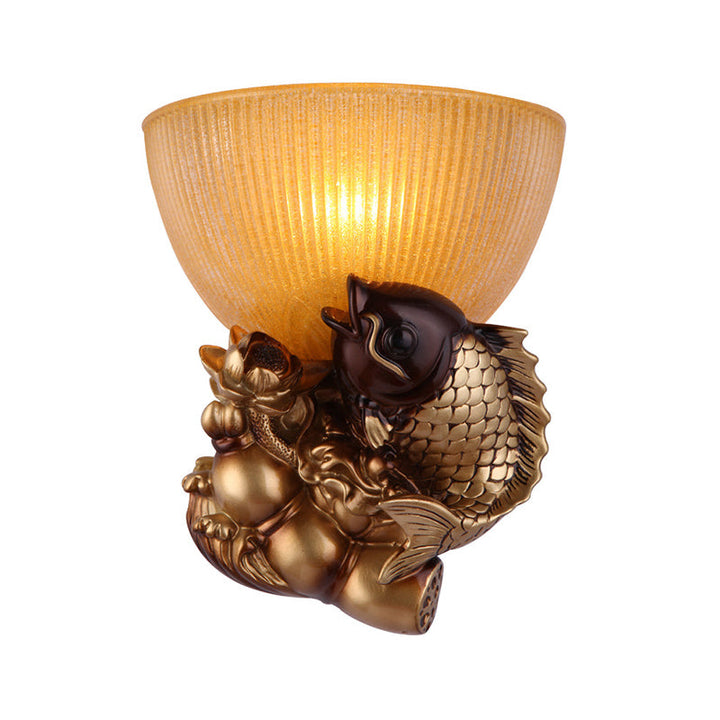 Skørter | Goldfish Wall Mounted Lighting Lodge Style Resin 1 Lamp Bedroom Wall Lamp with Yellow Ribbed Glass Bowl Shade