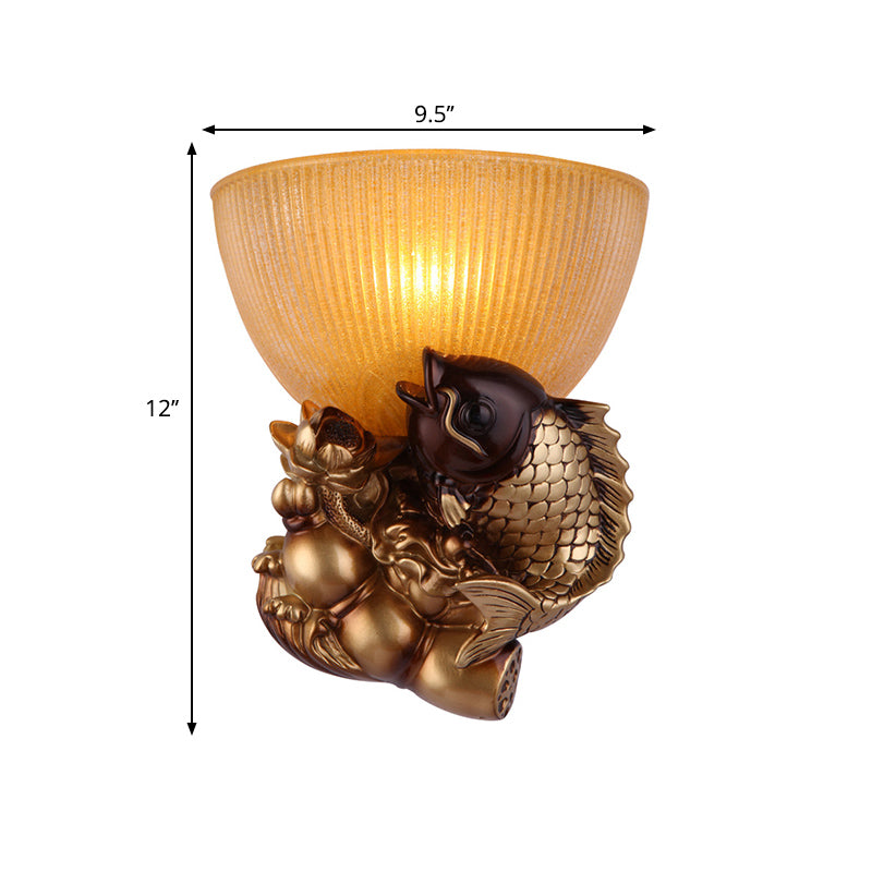 Skørter | Goldfish Wall Mounted Lighting Lodge Style Resin 1 Lamp Bedroom Wall Lamp with Yellow Ribbed Glass Bowl Shade
