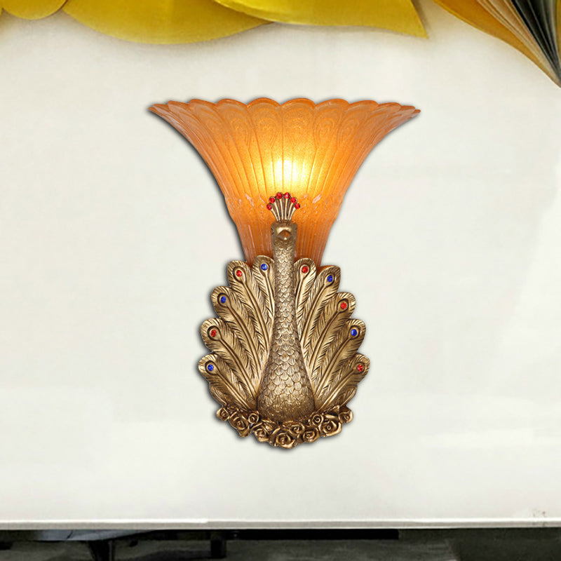 Skørter | 1 Light Peacock Wall Lamp Rustic Style Red/Gold Finish Resin Wall Lamp with Orange Glass Wavy Shade, 9.5"/13" B