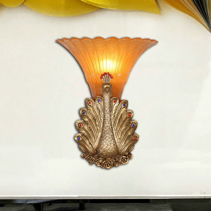 Skørter | 1 Light Peacock Wall Lamp Rustic Style Red/Gold Finish Resin Wall Lamp with Orange Glass Wavy Shade, 9.5"/13" B