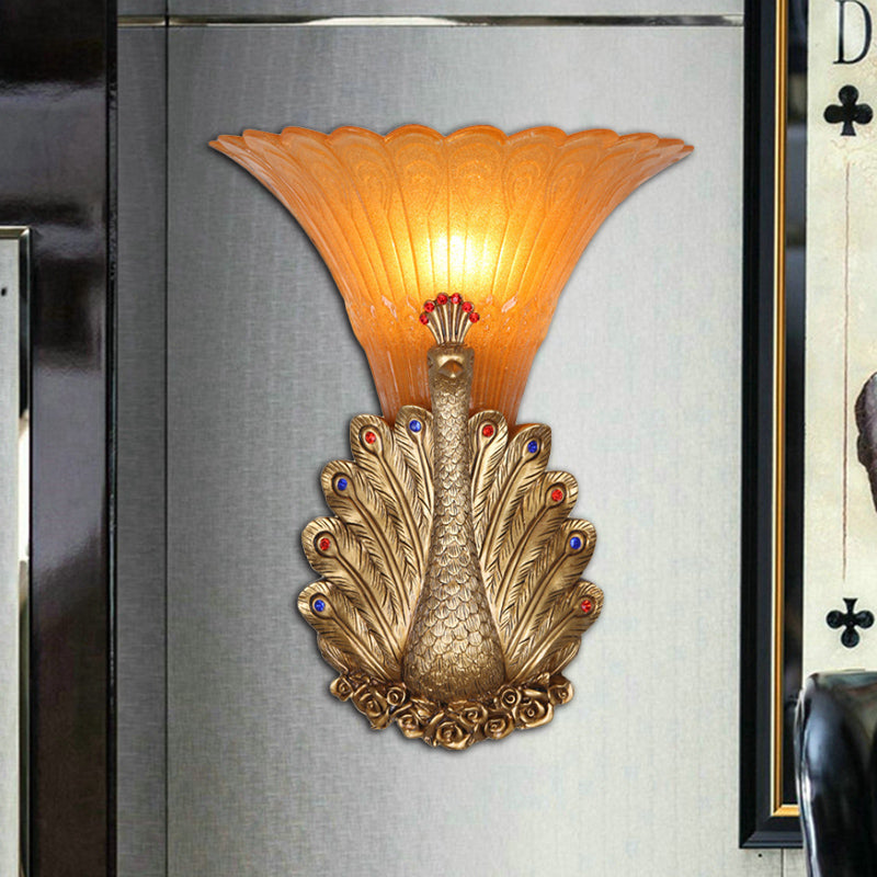 Skørter | 1 Light Peacock Wall Lamp Rustic Style Red/Gold Finish Resin Wall Lamp with Orange Glass Wavy Shade, 9.5"/13" B