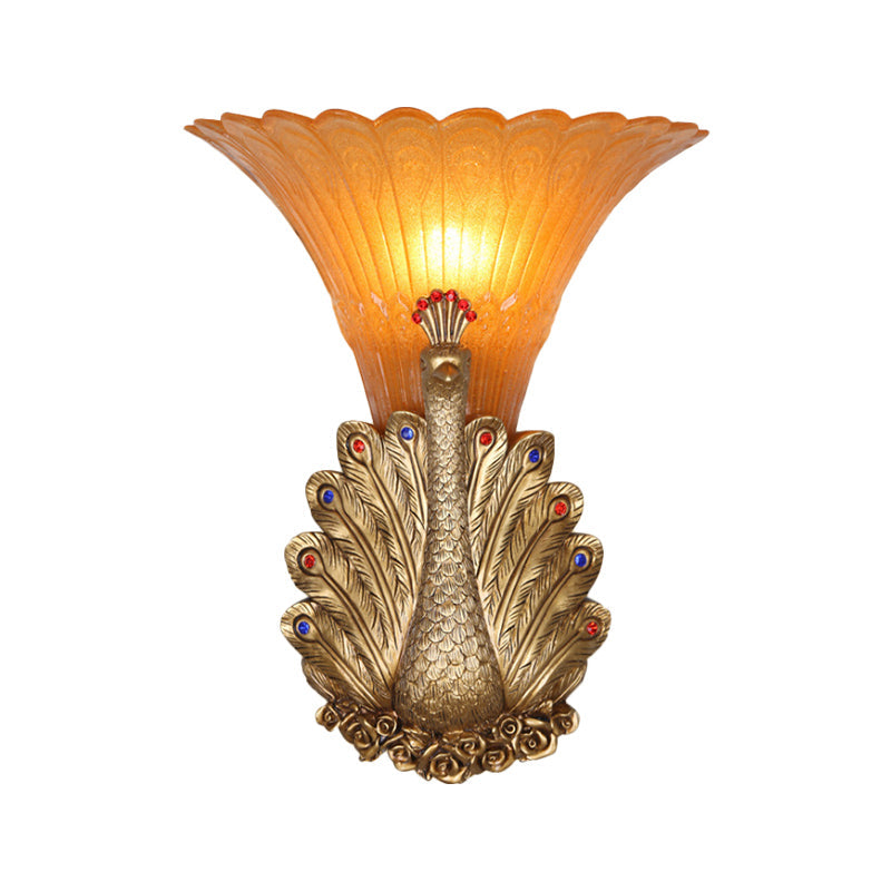 Skørter | 1 Light Peacock Wall Lamp Rustic Style Red/Gold Finish Resin Wall Lamp with Orange Glass Wavy Shade, 9.5"/13" B