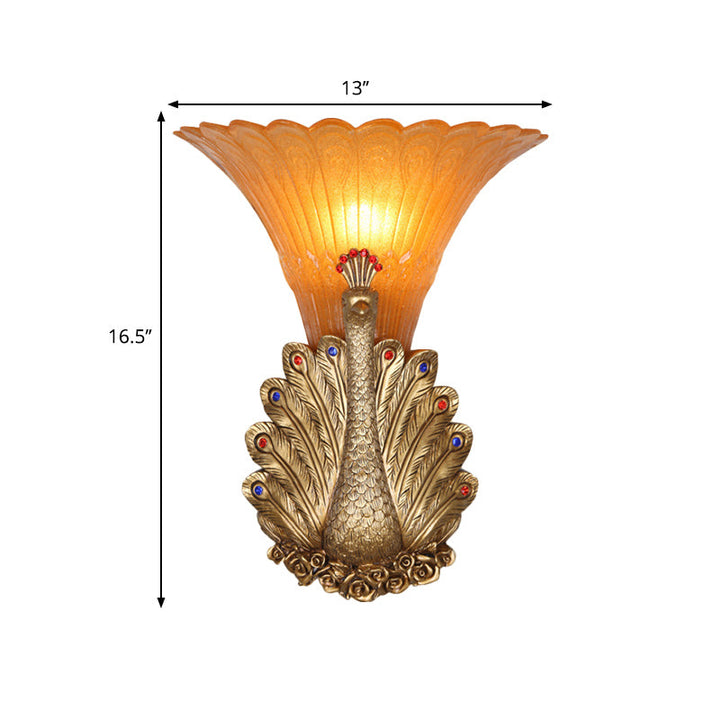 Skørter | 1 Light Peacock Wall Lamp Rustic Style Red/Gold Finish Resin Wall Lamp with Orange Glass Wavy Shade, 9.5"/13" B