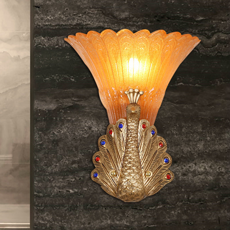 Skørter | 1 Light Peacock Wall Lamp Rustic Style Red/Gold Finish Resin Wall Lamp with Orange Glass Wavy Shade, 9.5"/13" B