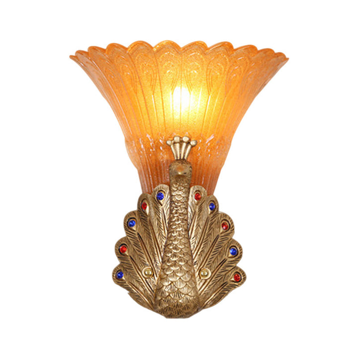 Skørter | 1 Light Peacock Wall Lamp Rustic Style Red/Gold Finish Resin Wall Lamp with Orange Glass Wavy Shade, 9.5"/13" B