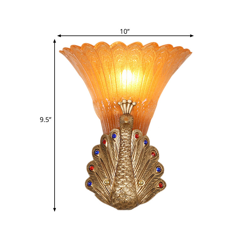 Skørter | 1 Light Peacock Wall Lamp Rustic Style Red/Gold Finish Resin Wall Lamp with Orange Glass Wavy Shade, 9.5"/13" B