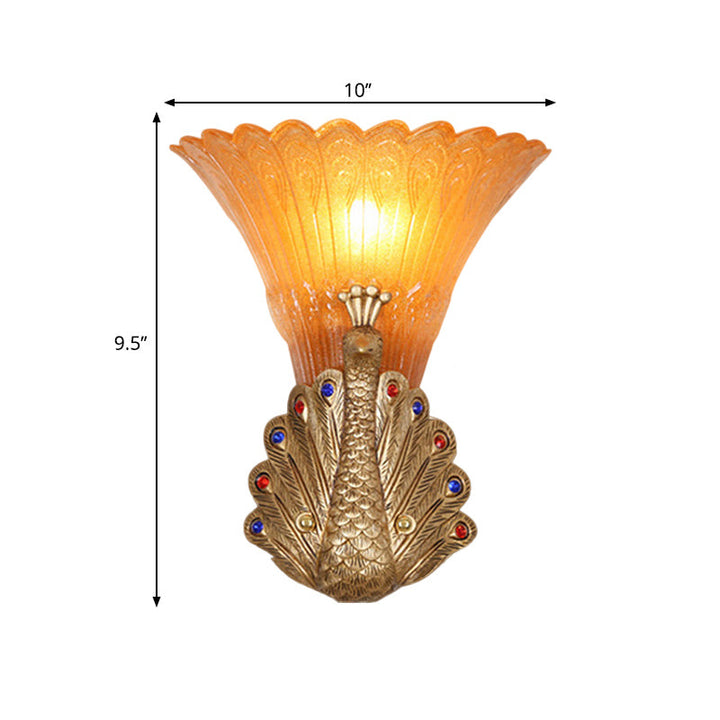 Skørter | 1 Light Peacock Wall Lamp Rustic Style Red/Gold Finish Resin Wall Lamp with Orange Glass Wavy Shade, 9.5"/13" B