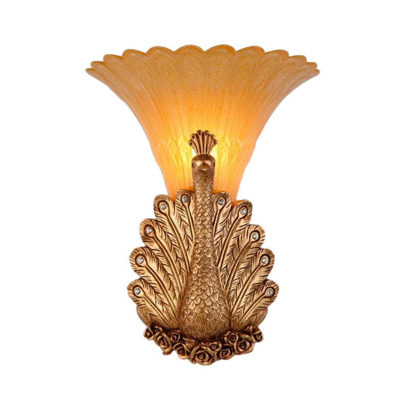 Skørter | 1 Light Peacock Wall Lamp Rustic Style Red/Gold Finish Resin Wall Lamp with Orange Glass Wavy Shade, 9.5"/13" B