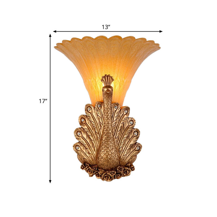 Skørter | 1 Light Peacock Wall Lamp Rustic Style Red/Gold Finish Resin Wall Lamp with Orange Glass Wavy Shade, 9.5"/13" B