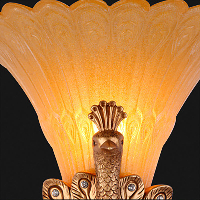 Skørter | 1 Light Peacock Wall Lamp Rustic Style Red/Gold Finish Resin Wall Lamp with Orange Glass Wavy Shade, 9.5"/13" B