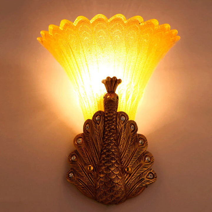 Skørter | 1 Light Peacock Wall Lamp Rustic Style Red/Gold Finish Resin Wall Lamp with Orange Glass Wavy Shade, 9.5"/13" B