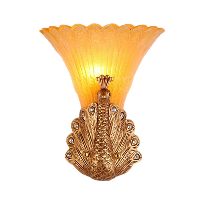 Skørter | 1 Light Peacock Wall Lamp Rustic Style Red/Gold Finish Resin Wall Lamp with Orange Glass Wavy Shade, 9.5"/13" B