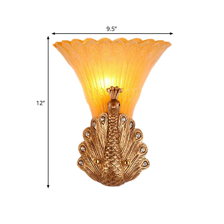 Skørter | 1 Light Peacock Wall Lamp Rustic Style Red/Gold Finish Resin Wall Lamp with Orange Glass Wavy Shade, 9.5"/13" B