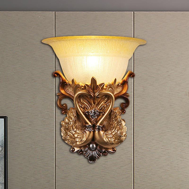 Skørter | Bowl Amber Glass Wall Mount Lamp Modernist Style 10"/13" B 1 Head Living Room Wall Light with Golden Swan Design