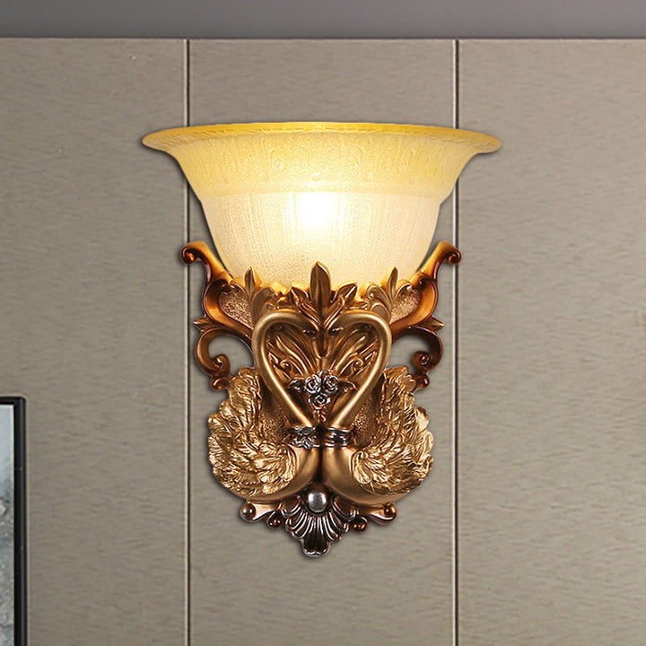 Skørter | Bowl Amber Glass Wall Mount Lamp Modernist Style 10"/13" B 1 Head Living Room Wall Light with Golden Swan Design
