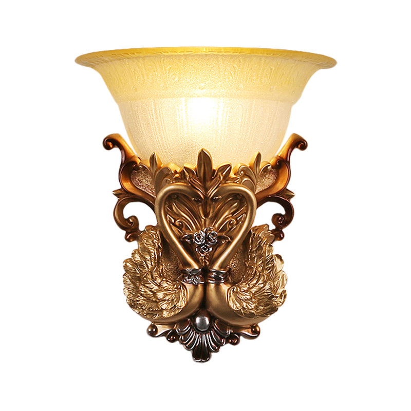 Skørter | Bowl Amber Glass Wall Mount Lamp Modernist Style 10"/13" B 1 Head Living Room Wall Light with Golden Swan Design