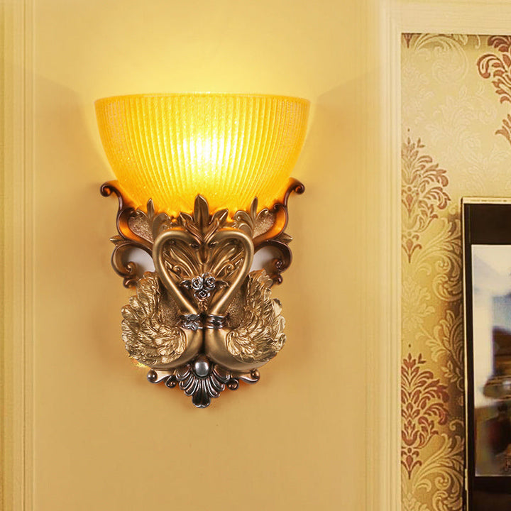 Skørter | Bowl Amber Glass Wall Mount Lamp Modernist Style 10"/13" B 1 Head Living Room Wall Light with Golden Swan Design