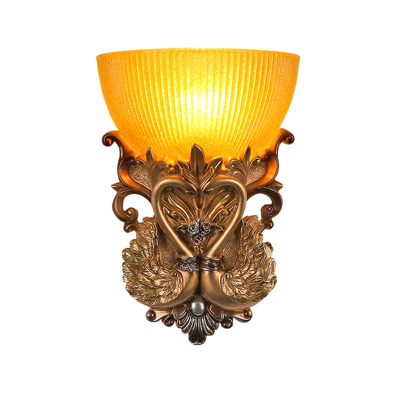Skørter | Bowl Amber Glass Wall Mount Lamp Modernist Style 10"/13" B 1 Head Living Room Wall Light with Golden Swan Design