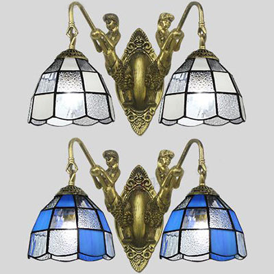 Lisslune | Tiffany Dome Wall Lamp 2 Heads White/Blue Glass Sconces Light for Corridor