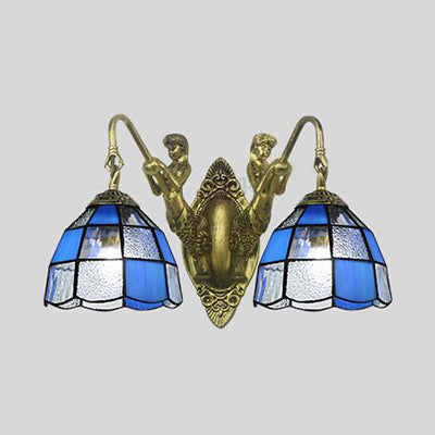 Lisslune | Tiffany Dome Wall Lamp 2 Heads White/Blue Glass Sconces Light for Corridor