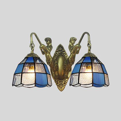 Lisslune | Tiffany Dome Wall Lamp 2 Heads White/Blue Glass Sconces Light for Corridor