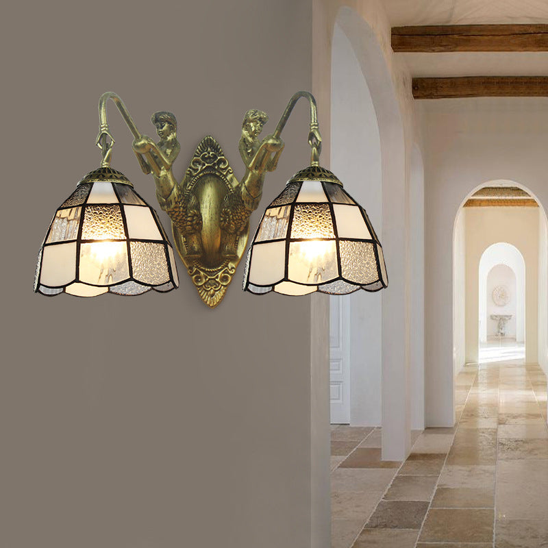 Lisslune | Tiffany Dome Wall Lamp 2 Heads White/Blue Glass Sconces Light for Corridor