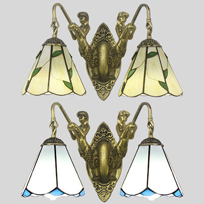 Lisslune | Flared Wall Light 2 Heads White/Beige Glass Tiffany Wall Mount Lighting with Mermaid Backplate