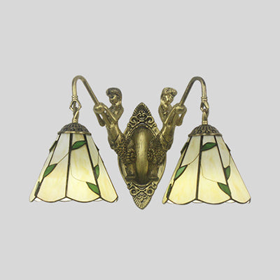 Lisslune | Flared Wall Light 2 Heads White/Beige Glass Tiffany Wall Mount Lighting with Mermaid Backplate