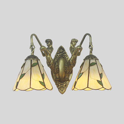Lisslune | Flared Wall Light 2 Heads White/Beige Glass Tiffany Wall Mount Lighting with Mermaid Backplate
