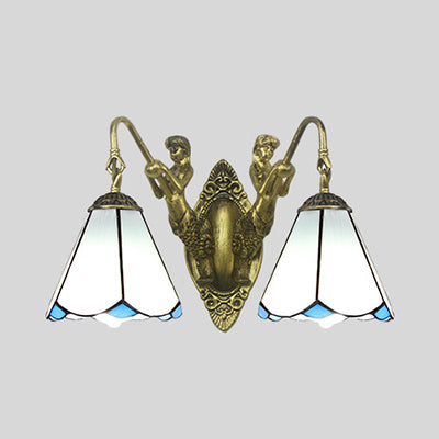 Lisslune | Flared Wall Light 2 Heads White/Beige Glass Tiffany Wall Mount Lighting with Mermaid Backplate