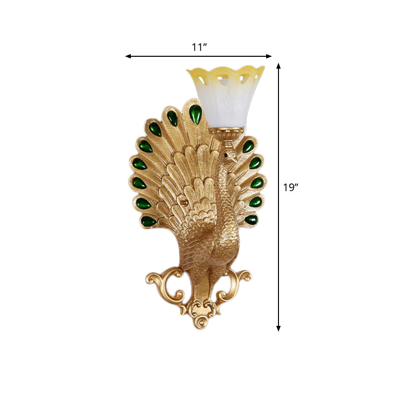 Skørter | Traditional Peacock Wall Lamp Fixture 1 Bulb Resin Wall Lamp with White and Yellow Glass Flower Shade