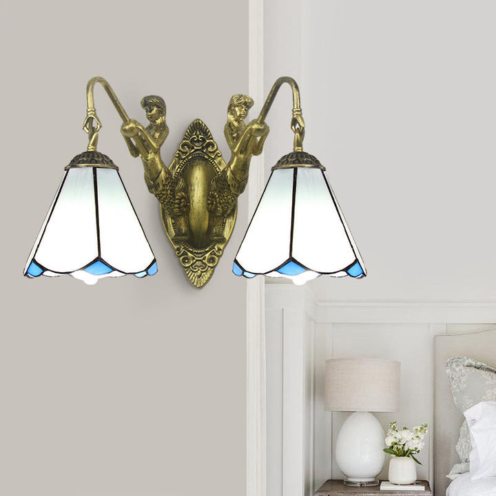 Lisslune | Flared Wall Light 2 Heads White/Beige Glass Tiffany Wall Mount Lighting with Mermaid Backplate