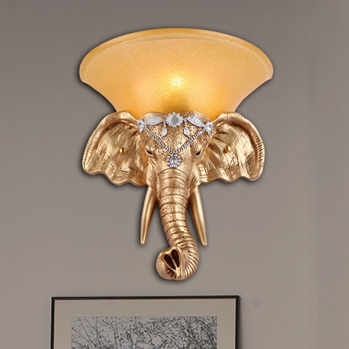Skørter | 1 Bulb Resin Wall Light Retro Style Golden Elephant Head Bedroom Wall Light with Outspread Yellow Glass Shade