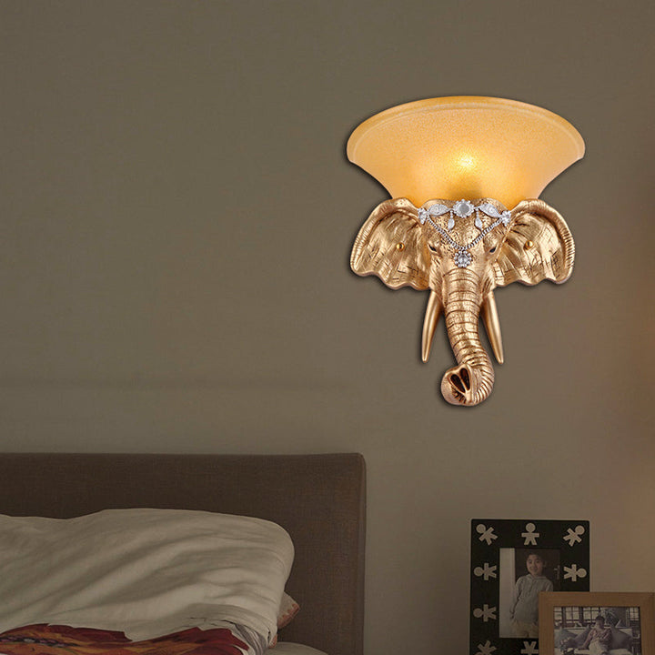 Skørter | 1 Bulb Resin Wall Light Retro Style Golden Elephant Head Bedroom Wall Light with Outspread Yellow Glass Shade