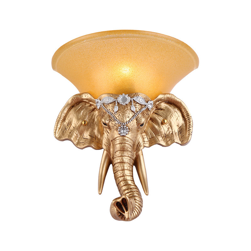 Skørter | 1 Bulb Resin Wall Light Retro Style Golden Elephant Head Bedroom Wall Light with Outspread Yellow Glass Shade