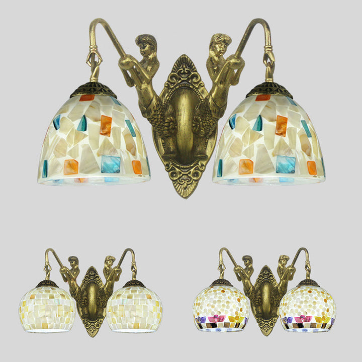 Skørter | Shell Mosaic Wall Lamp Tiffany 2 Heads Beige/White-Yellow/Yellow-Blue Wall Lamp with Mermaid Decoration