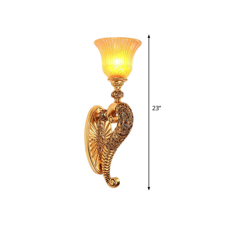 Skørter | Retro style bell wall lamp 1 bulb amber glass wall lighting with bronze/gold curved arm for bedroom
