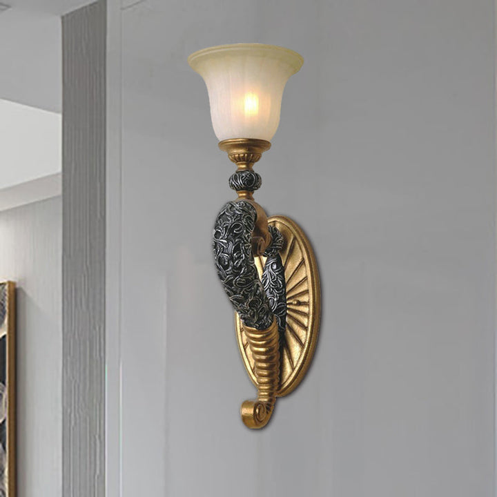 Skørter | Retro style bell wall lamp 1 bulb amber glass wall lighting with bronze/gold curved arm for bedroom