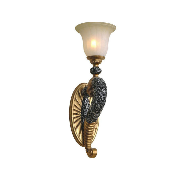 Skørter | Retro style bell wall lamp 1 bulb amber glass wall lighting with bronze/gold curved arm for bedroom