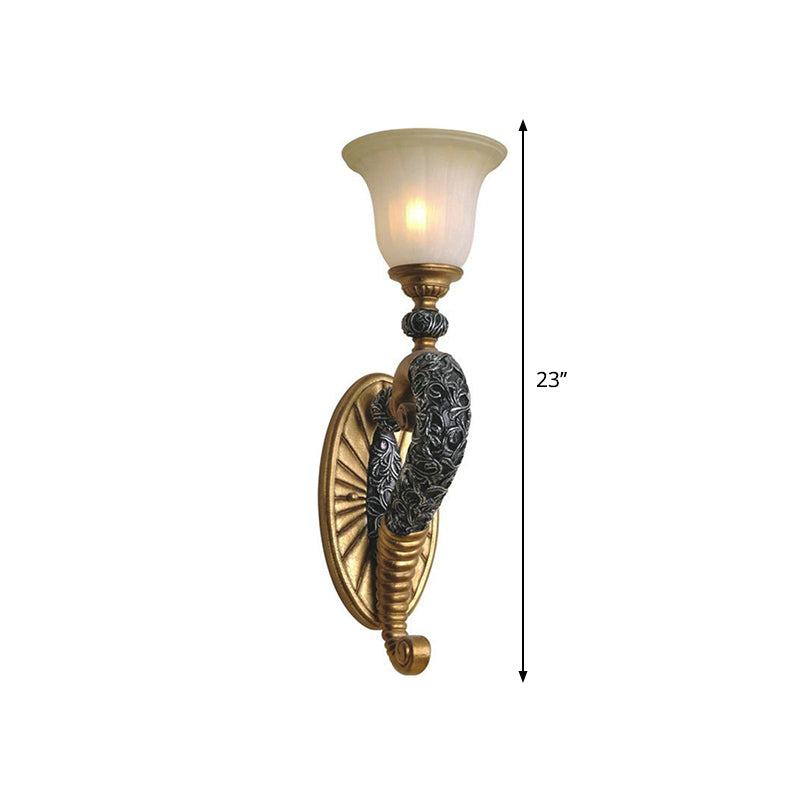 Skørter | Retro style bell wall lamp 1 bulb amber glass wall lighting with bronze/gold curved arm for bedroom