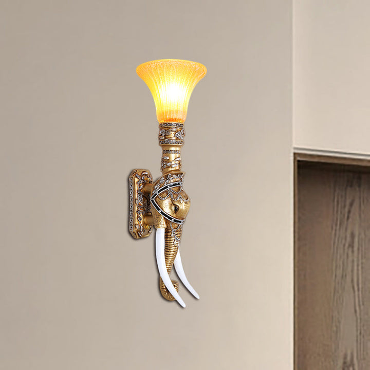 Skørter | Elephant Corridor Wall Lamp Fixture Retro Stylish Resin 1 Bulb Golden Wall Mount Lamp with Bell Amber Glass Shade