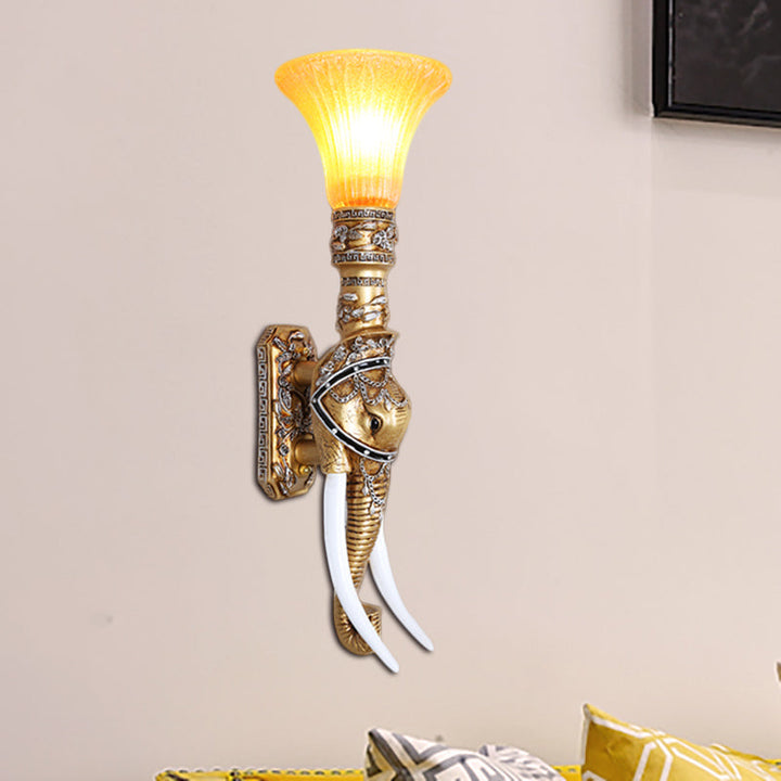 Skørter | Elephant Corridor Wall Lamp Fixture Retro Stylish Resin 1 Bulb Golden Wall Mount Lamp with Bell Amber Glass Shade